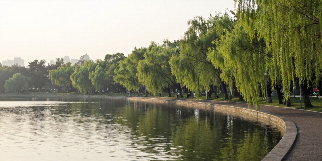 柳の木と静かな池のある朝の公園
