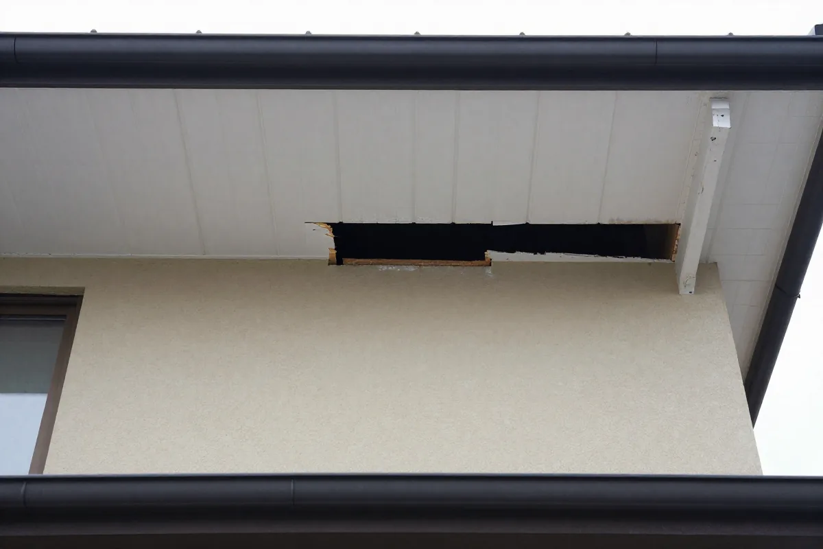 イメージ（生成画像）。住宅の軒下の板が一部欠け、屋根裏へ通じる暗い隙間が開いている