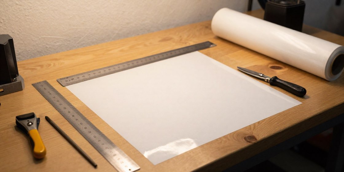 定規とカッターと白いフィルムのロールが置かれた工房の作業台